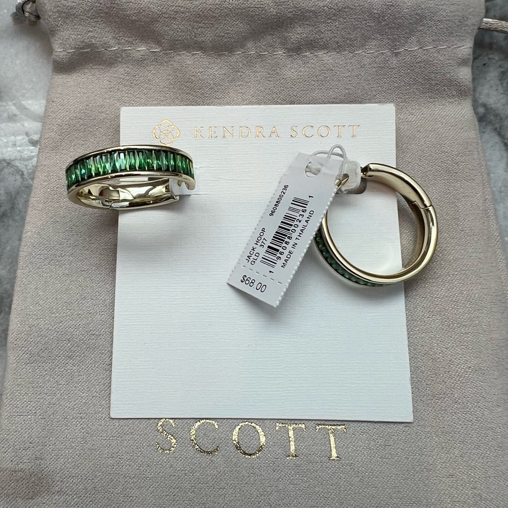 Limited edition Kendra Scott Gold Jack Hoops with green stones